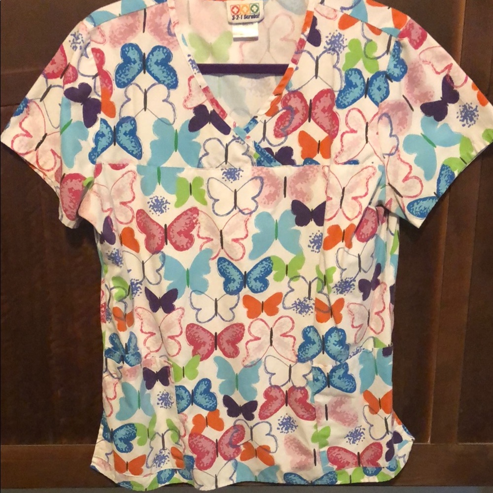 Colorful Butterfly Print Scrub Top